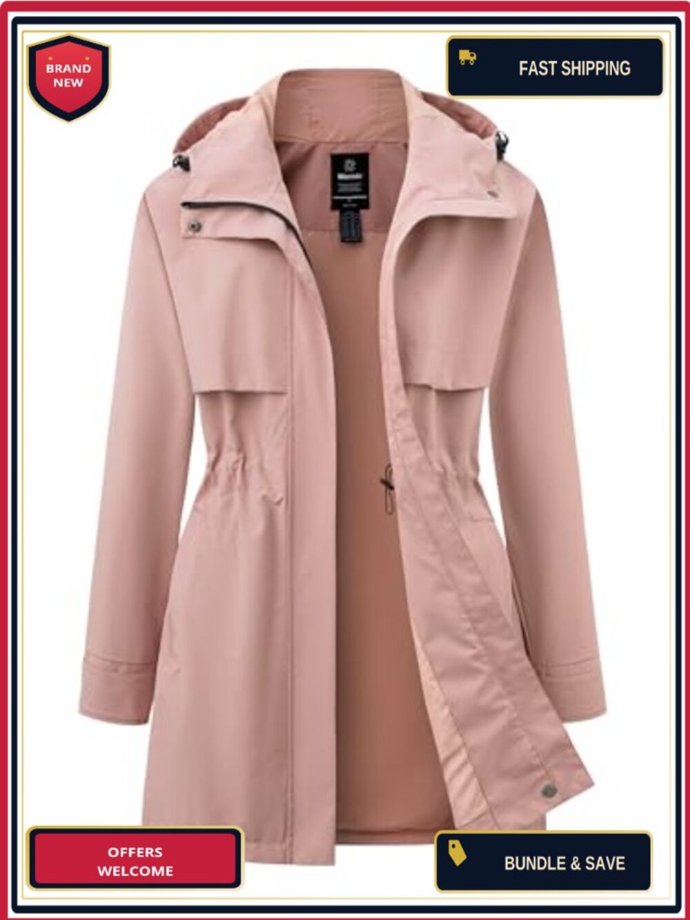 Waterproof Long Rain Jacket with Hood for Women, 100% Polyester